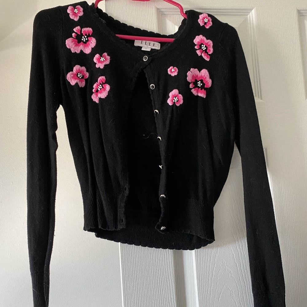 Black sweater with pink flowers